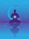 Vector banner with meditation man on abstract violet background with stars and spheres Yoga in the universe. Man in the lotus posi Royalty Free Stock Photo